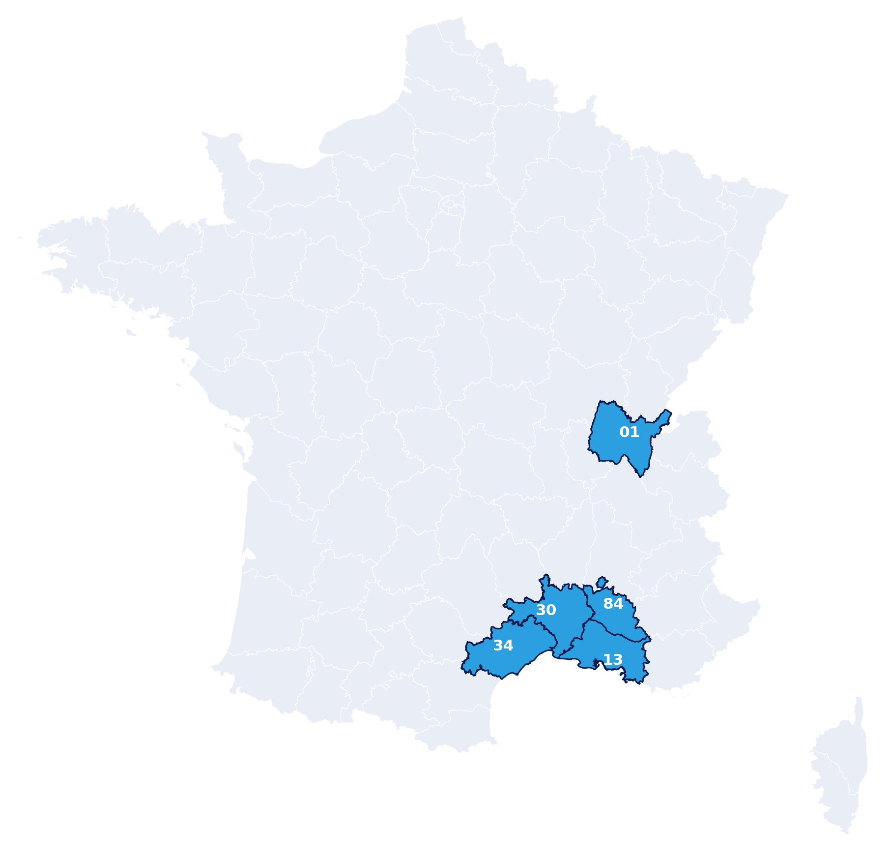 Carte de France mettant en évidence l'Ain, les Bouches-du-Rhône, le Gard, l'Hérault et le Vaucluse